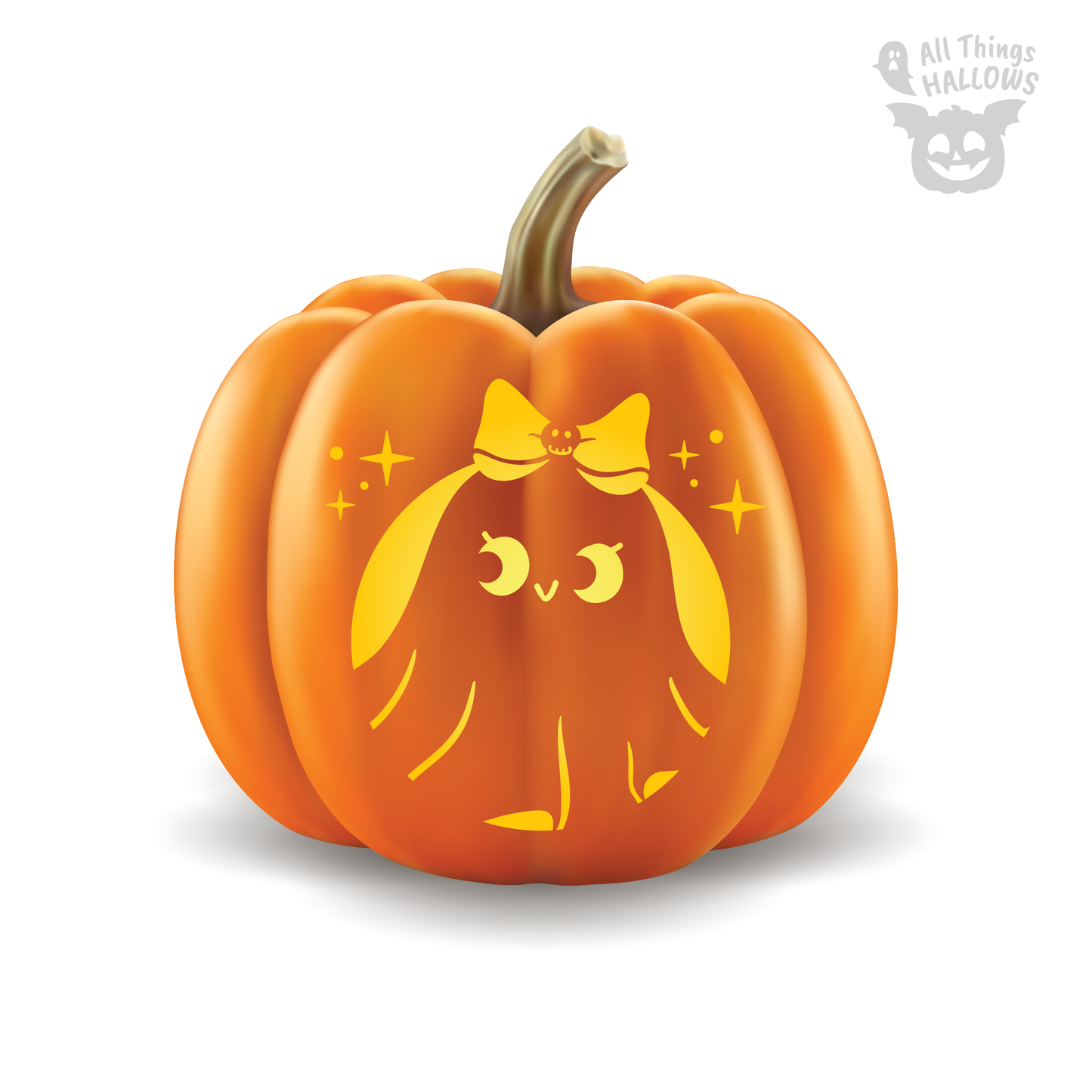 Cute Girl Ghost Pumpkin Stencil displayed as a carved orange pumpkin featuring a bow-wearing ghost girl and sparkling stars.