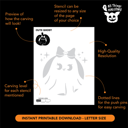 Printable Cute Girl Ghost Pumpkin Stencil showing the ghost girl design, carving level guide, dotted transfer lines, and instant printable download details.