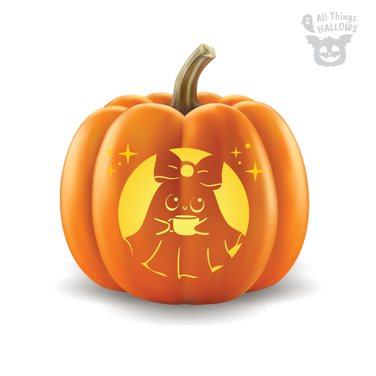 Cute Girl Ghost with Coffee Pumpkin Stencil carved on an orange pumpkin, featuring a bow, coffee mug, and sparkling star details.