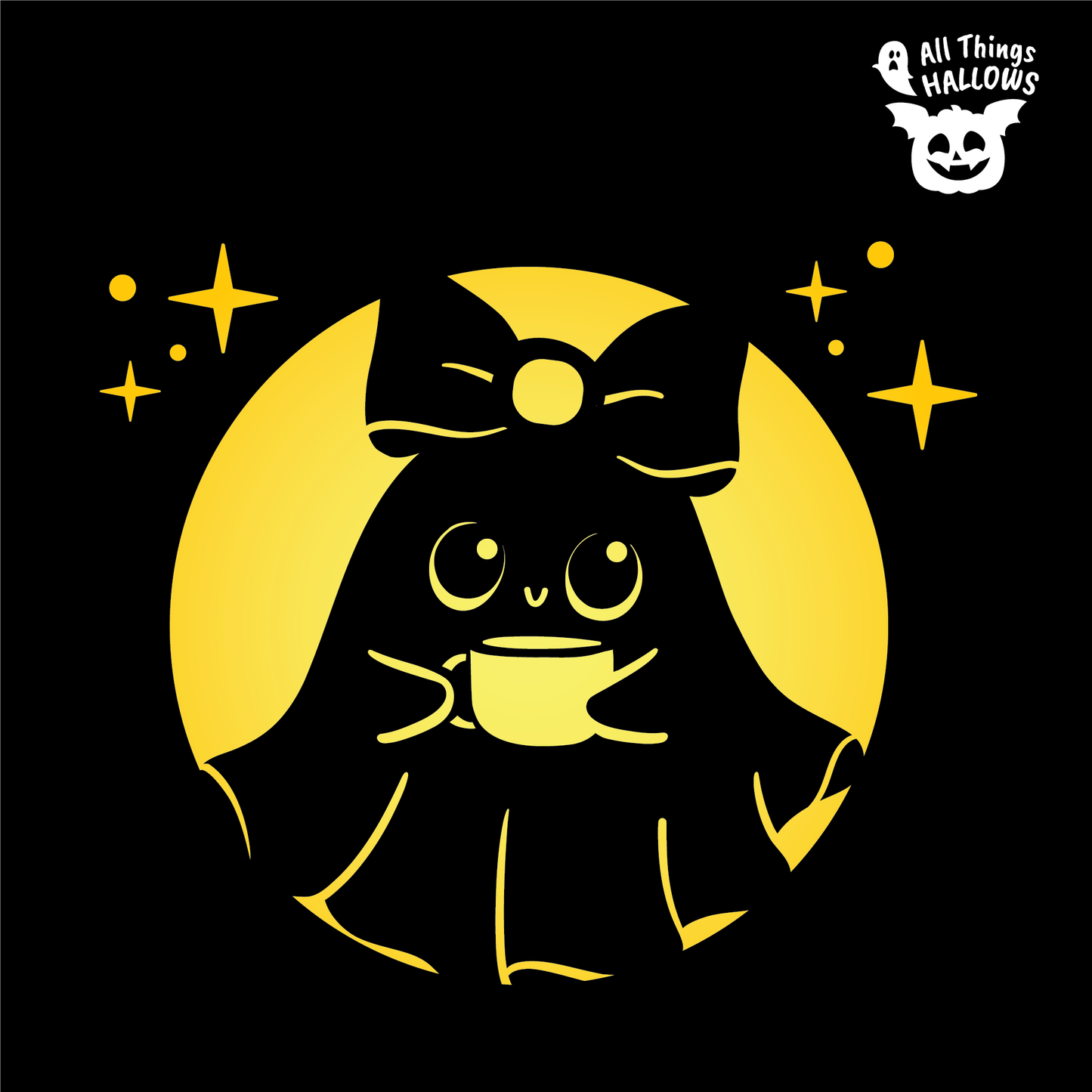 Cute Girl Ghost with Coffee pumpkin stencil design featuring a kawaii ghost with a bow, coffee mug, large eyes, and sparkling stars on a black background.