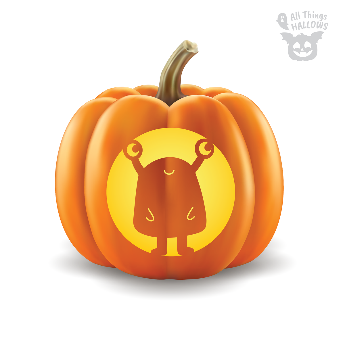 Cute Monster Pumpkin Stencil carved into an orange pumpkin featuring a smiling monster with two raised eye stalks and a glowing circular background.