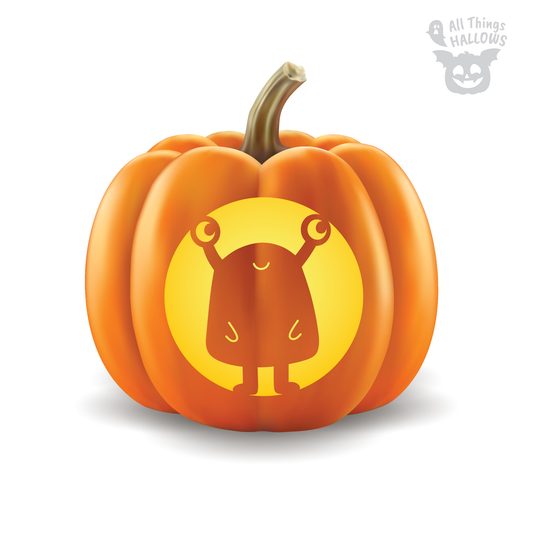 Cute Monster Pumpkin Stencil carved into an orange pumpkin featuring a smiling monster with two raised eye stalks and a glowing circular background.