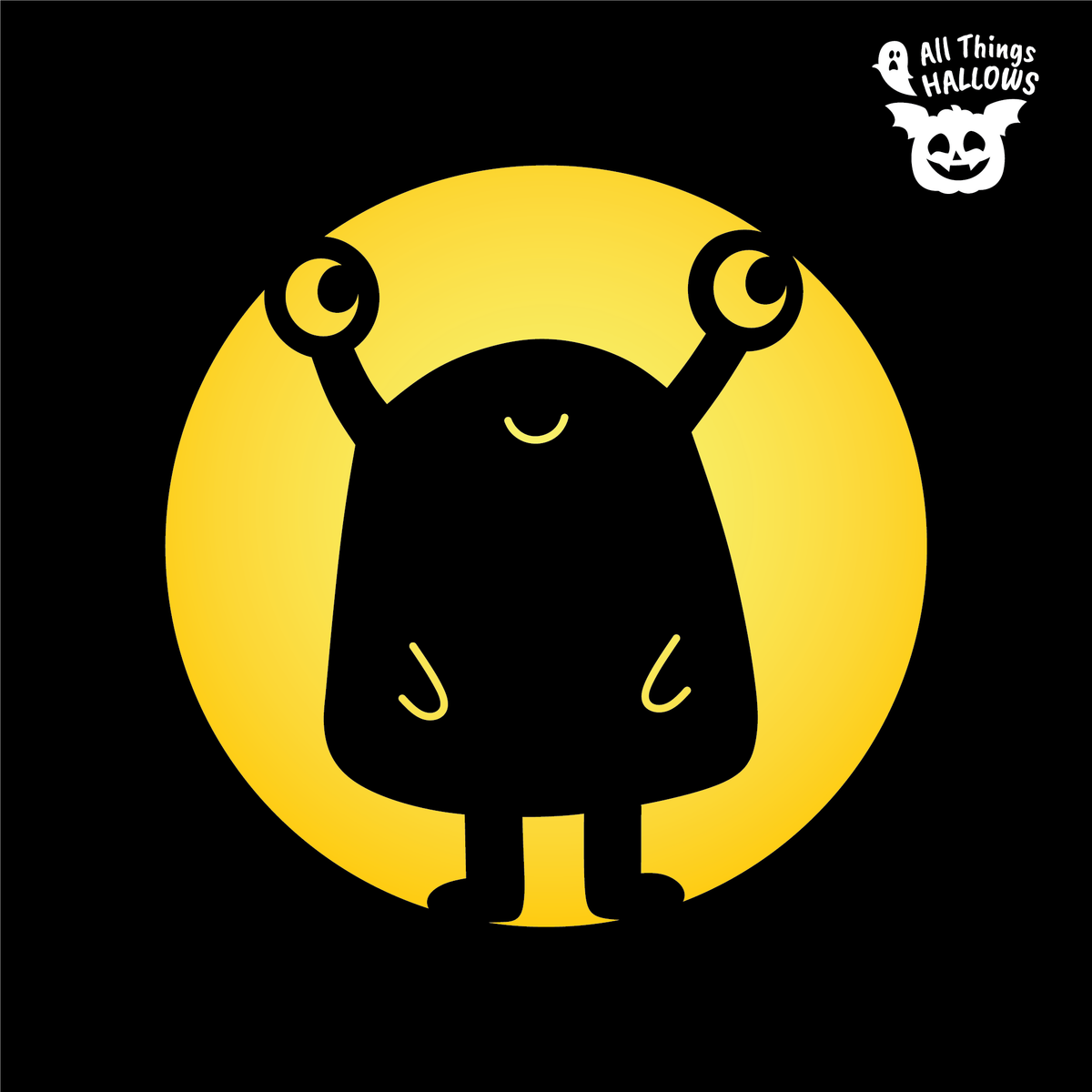 Cute Monster Pumpkin Stencil design featuring a friendly smiling monster with two eye stalks and simple arms against a glowing yellow circle.