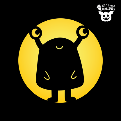 Cute Monster Pumpkin Stencil design featuring a friendly smiling monster with two eye stalks and simple arms against a glowing yellow circle.