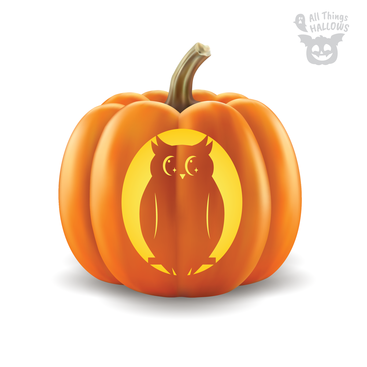 Cute Owl Pumpkin Stencil preview showing a wide-eyed owl silhouette inside a glowing circular moon carved on an orange pumpkin.