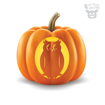 Cute Owl Pumpkin Stencil preview showing a wide-eyed owl silhouette inside a glowing circular moon carved on an orange pumpkin.