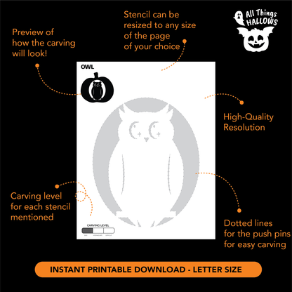 Printable Cute Owl Pumpkin Stencil showing the owl and moon carving pattern with resizing, carving level and push pin transfer details.