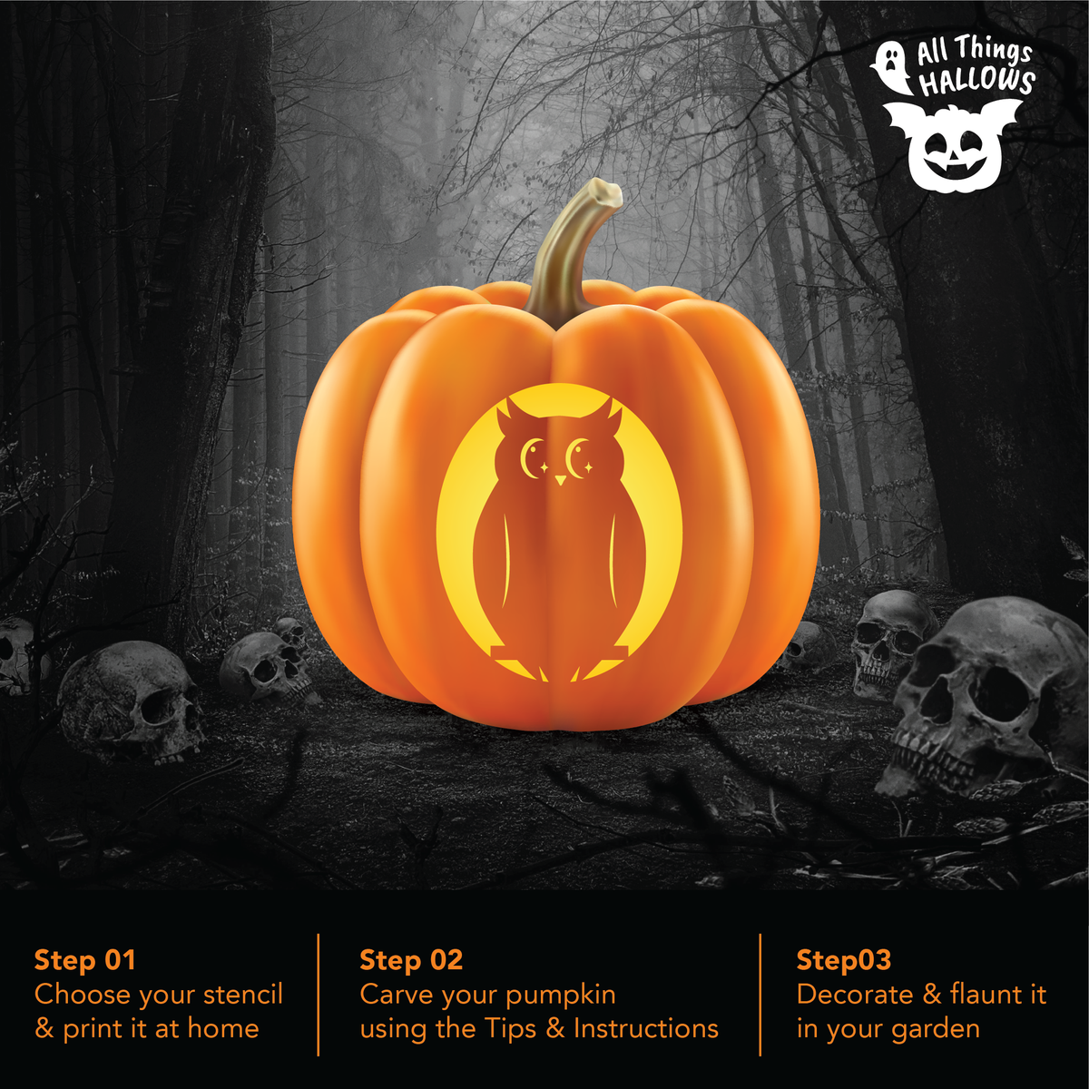 Cute Owl Pumpkin Stencil carved on an orange pumpkin displayed in a spooky dark forest with skulls for Halloween.