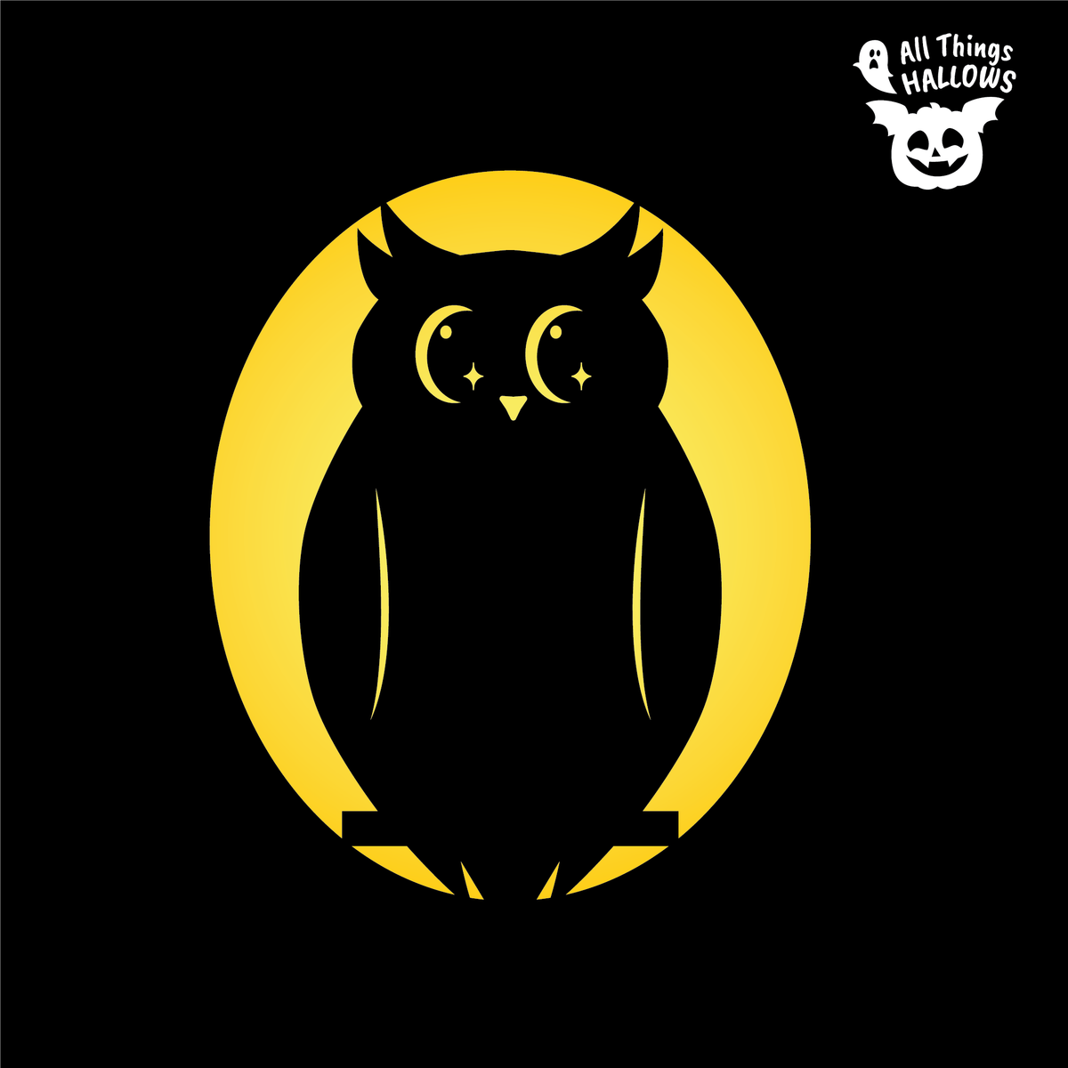 Cute Owl Pumpkin Stencil design featuring a large owl silhouette with crescent-shaped eyes and sparkling details inside a yellow moon.