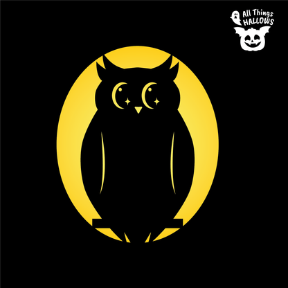 Cute Owl Pumpkin Stencil design featuring a large owl silhouette with crescent-shaped eyes and sparkling details inside a yellow moon.