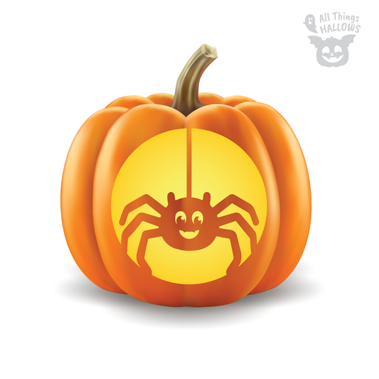Cute Spider Pumpkin Stencil carved on an orange pumpkin featuring a smiling spider hanging in front of a glowing circular background.