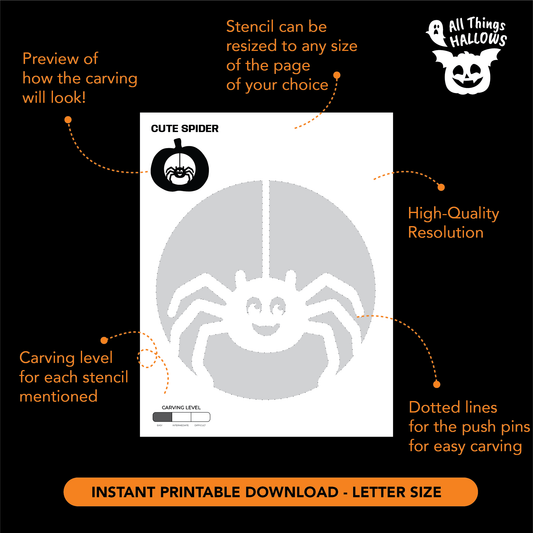 Printable Cute Spider Pumpkin Stencil showing the hanging spider carving pattern, dotted guidelines, resizing information and carving level.