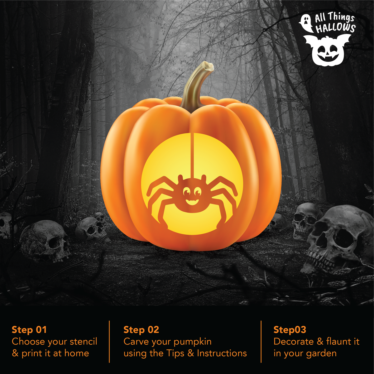 Cute Spider Pumpkin Stencil carved on a glowing orange pumpkin displayed in a dark spooky Halloween forest with skull decorations.