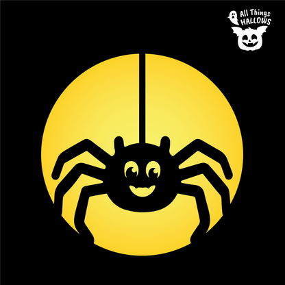 Cute Spider Pumpkin Stencil design featuring a smiling spider with eight legs hanging from a web strand against a large circular background.