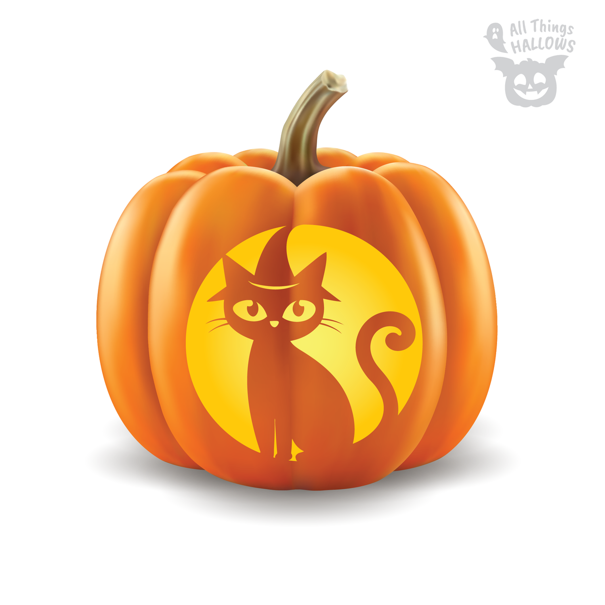 Cat Witch Pumpkin Stencil carved into an orange pumpkin featuring a black cat wearing a pointed witch hat with a curled tail.