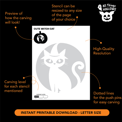 Printable Cat Witch Pumpkin Stencil template showing the witch cat carving pattern, resizing option, carving level and dotted push-pin lines.
