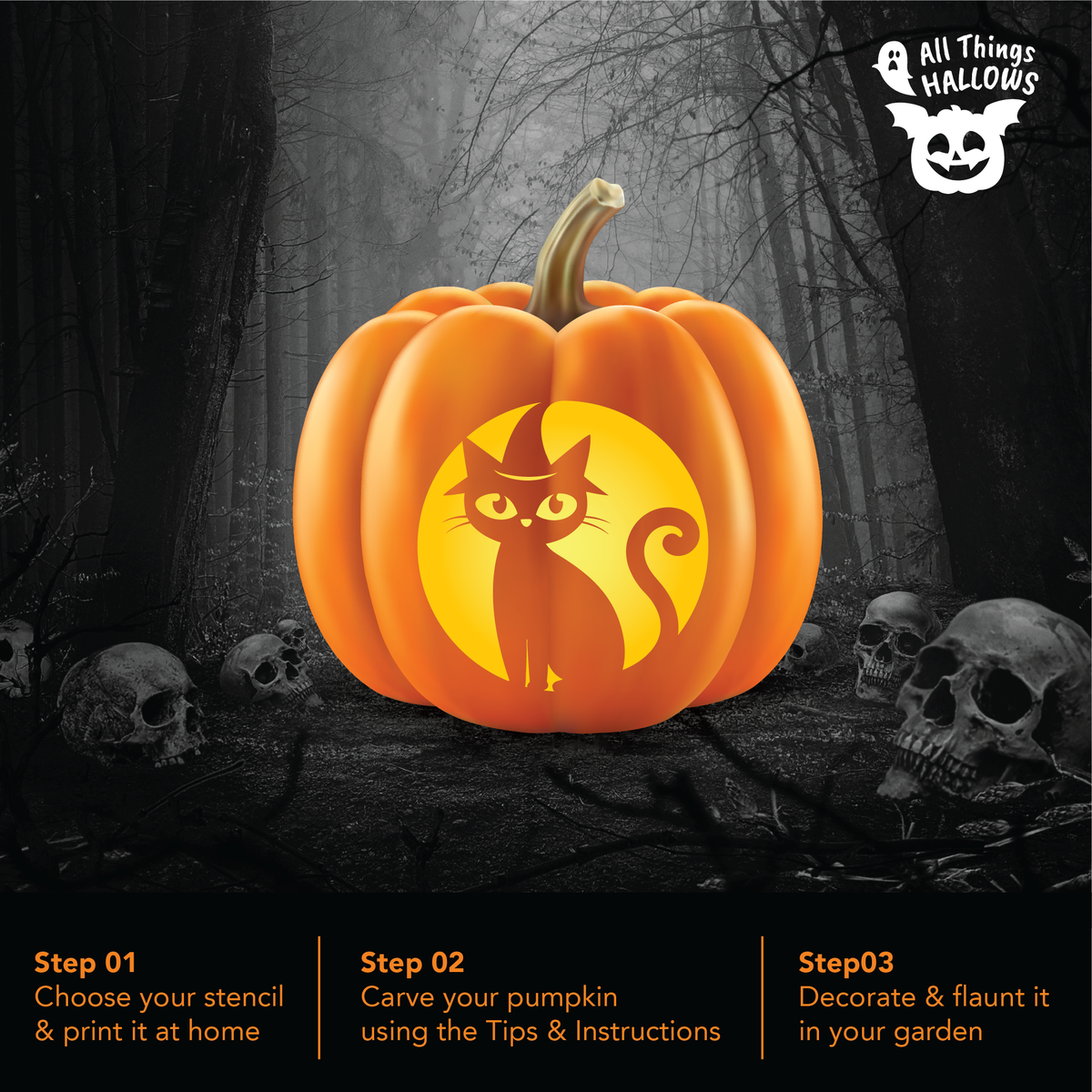 Glowing Cat Witch Pumpkin Stencil carved on an orange jack-o'-lantern displayed in a spooky Halloween forest with skull decorations.