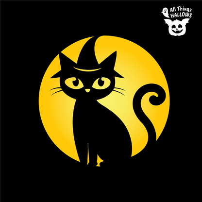 Cat Witch Pumpkin Stencil design featuring a black cat with expressive eyes, pointed witch hat, whiskers and curled tail against a glowing circle.