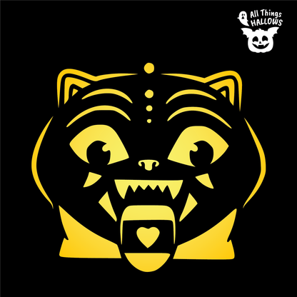Derpy Pumpkin Stencil design featuring a large cat face with pointed ears, wide eyes, sharp fangs and heart detail shown in yellow and black.