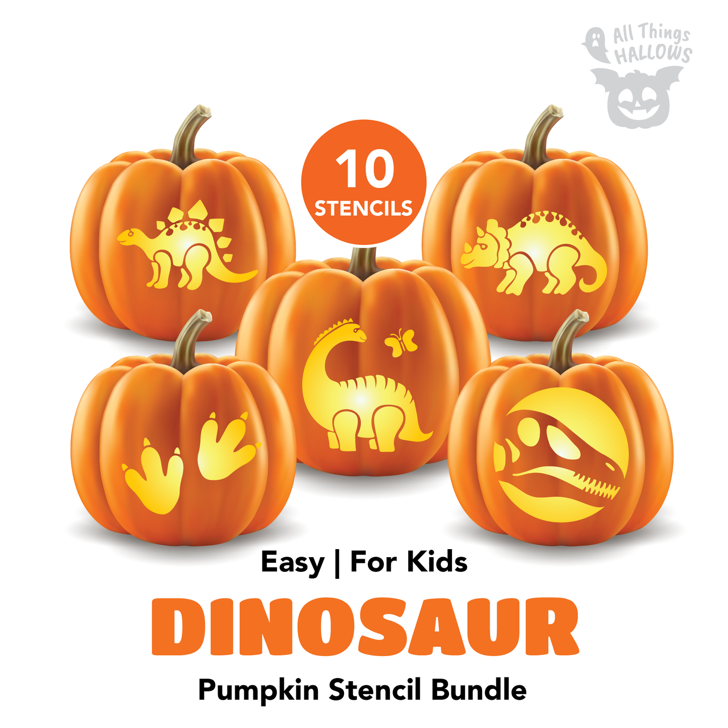 Dinosaur Pumpkin Carving Stencil Bundle featuring 10 printable dinosaur pumpkin carving templates for kids including Triceratops, Stegosaurus, Brachiosaurus, footprints, and dinosaur skull designs.