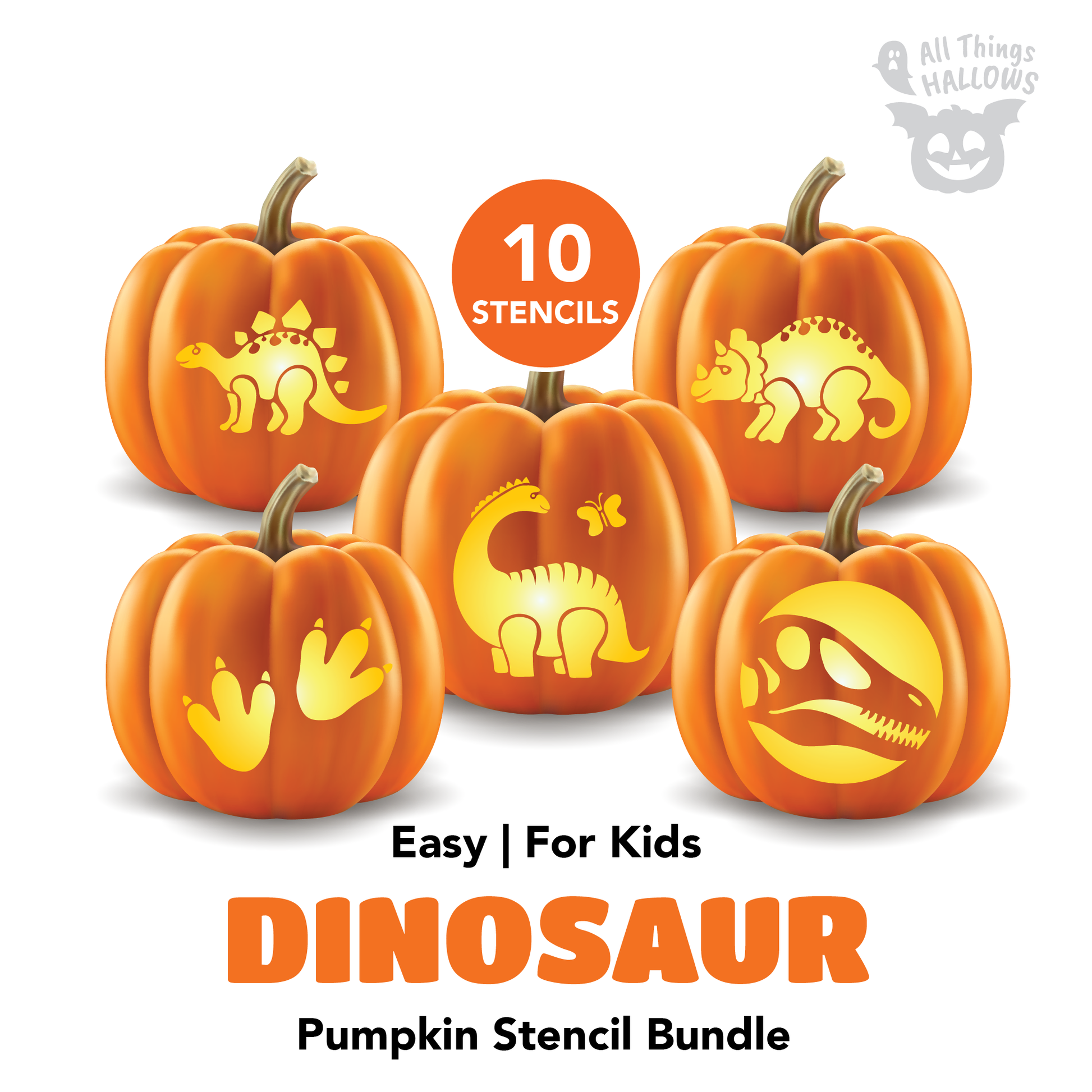 Dinosaur Pumpkin Carving Stencil Bundle featuring 10 printable dinosaur pumpkin carving templates for kids including Triceratops, Stegosaurus, Brachiosaurus, footprints, and dinosaur skull designs.