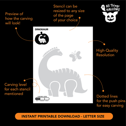 Printable Brachiosaurus pumpkin carving stencil with butterfly, high-resolution PDF template, push-pin guides, and instant digital download.