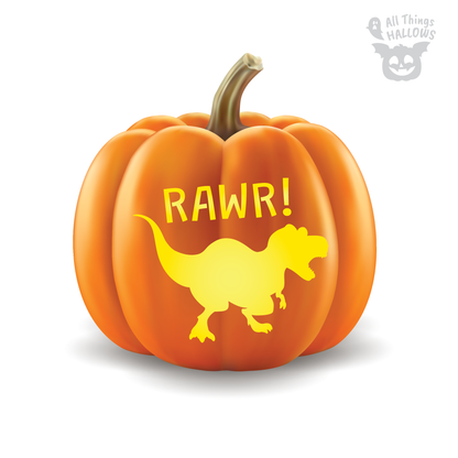 Finished jack-o'-lantern carved with the Dinosaur RAWR pumpkin stencil featuring a glowing T-Rex silhouette and RAWR! text on an orange pumpkin.