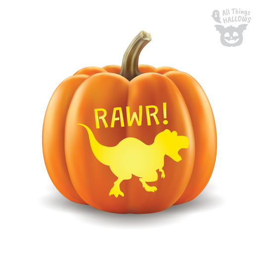 Finished jack-o'-lantern carved with the Dinosaur RAWR pumpkin stencil featuring a glowing T-Rex silhouette and RAWR! text on an orange pumpkin.