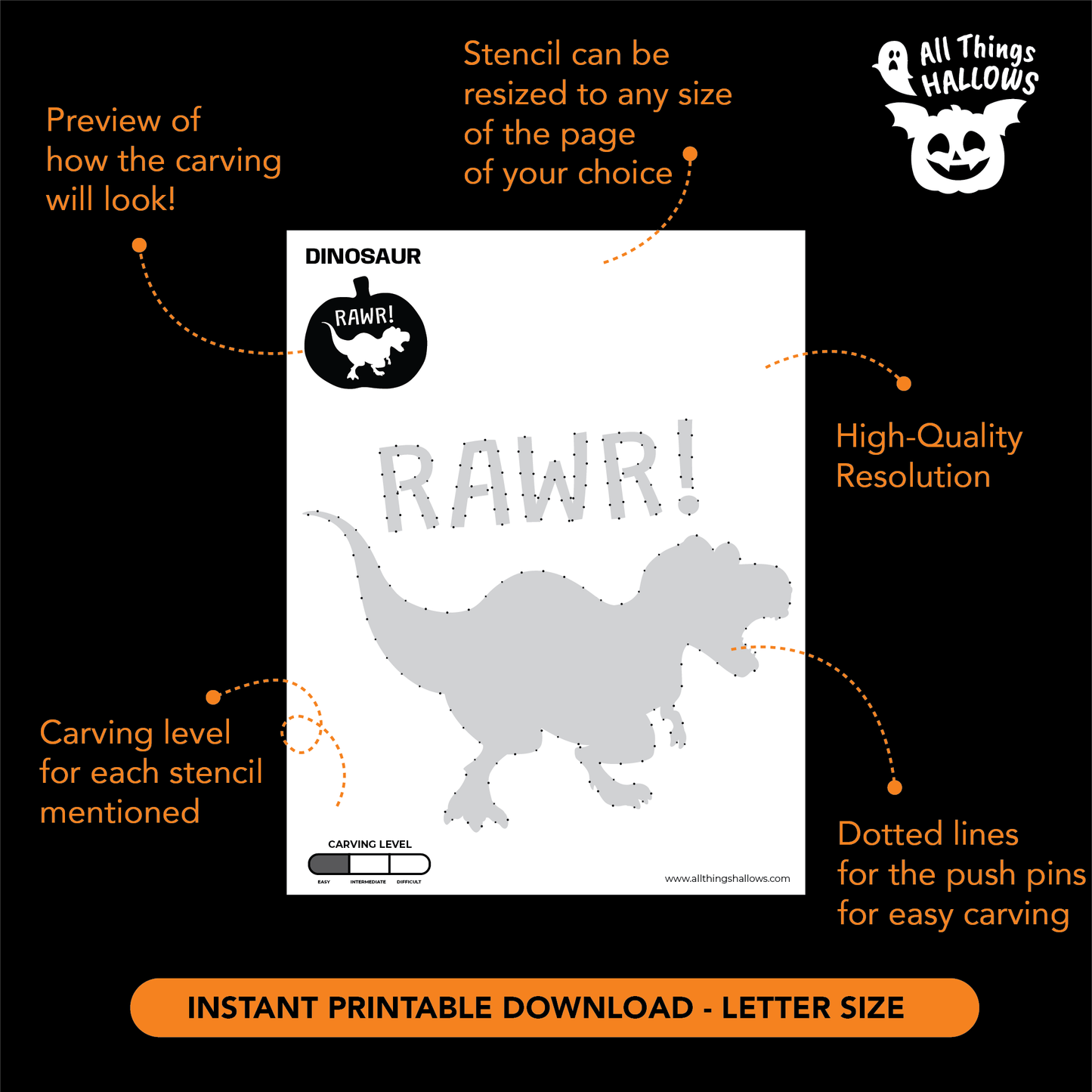 Dinosaur RAWR pumpkin carving design featuring a playful T-Rex silhouette and bold RAWR! text for Halloween pumpkin carving.