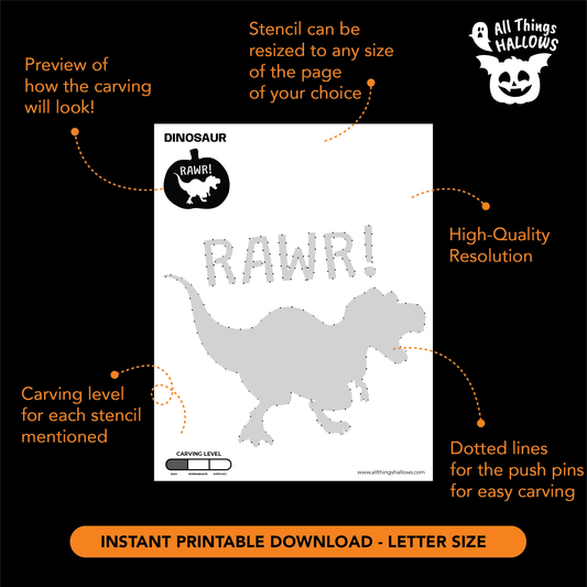 Dinosaur RAWR pumpkin carving design featuring a playful T-Rex silhouette and bold RAWR! text for Halloween pumpkin carving.