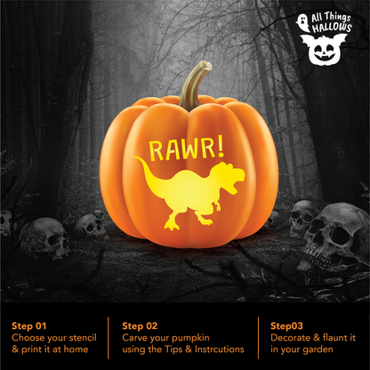 Finished Halloween pumpkin carved with the Dinosaur RAWR stencil, featuring a glowing T-Rex and RAWR! design displayed in a spooky forest setting.
