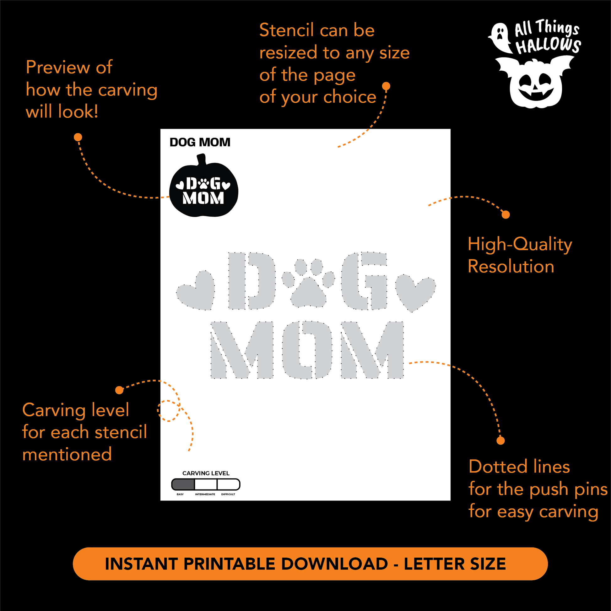 Dog Mom printable pumpkin carving stencil with high resolution template, dotted transfer lines, carving difficulty indicator, and instant digital download.