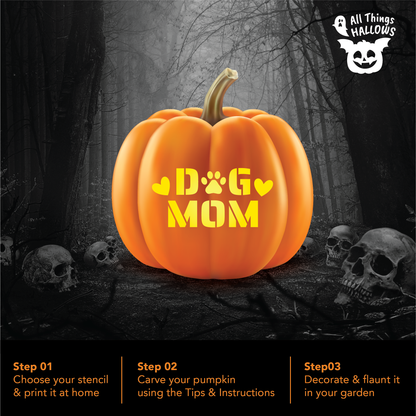 Finished Dog Mom pumpkin carving displayed in a spooky Halloween forest with simple three step carving instructions.