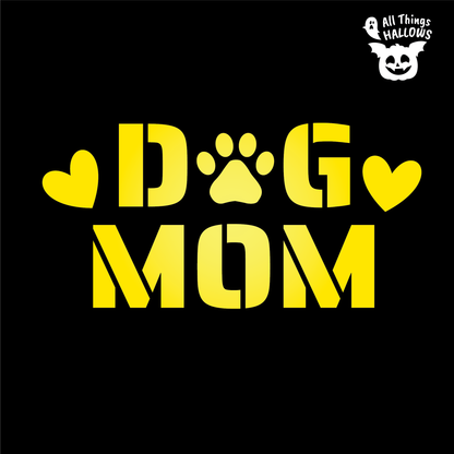 Dog Mom pumpkin stencil design featuring bold typography with hearts and a paw print, perfect for dog lovers creating Halloween jack o' lanterns.