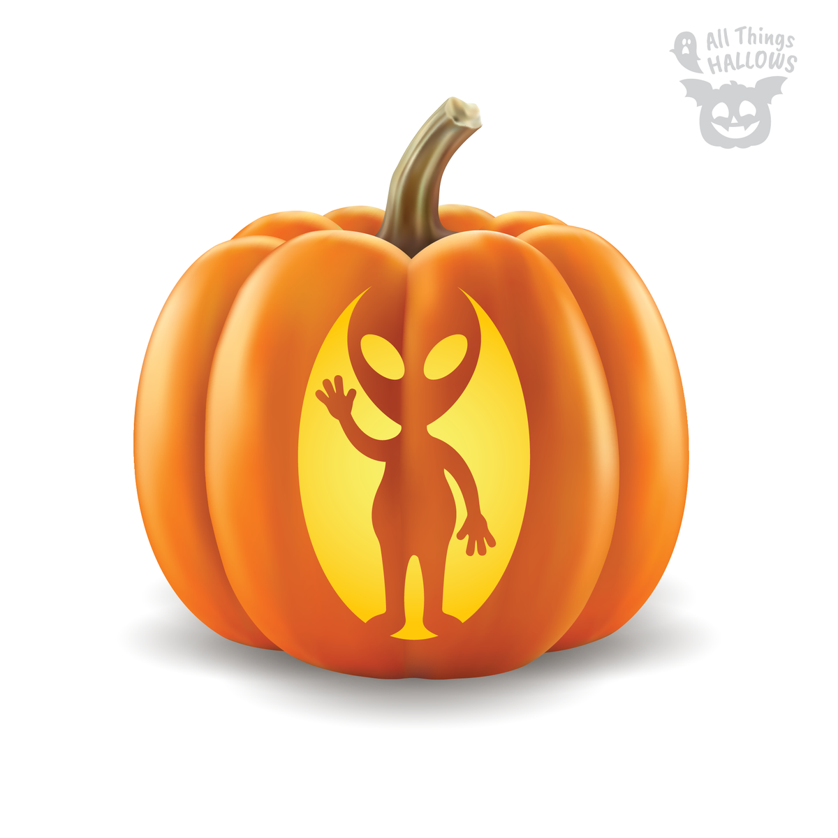Alien Waving Pumpkin Stencil carved into an orange pumpkin featuring a big-eyed alien raising one hand in a friendly wave.