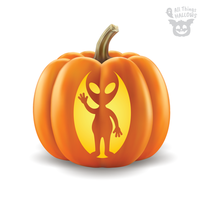 Alien Waving Pumpkin Stencil carved into an orange pumpkin featuring a big-eyed alien raising one hand in a friendly wave.