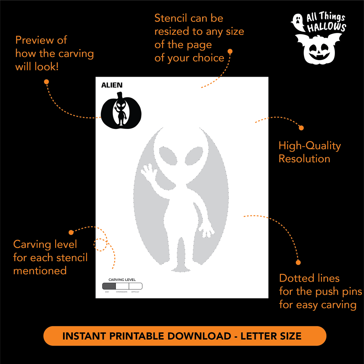 Printable Alien Waving Pumpkin Stencil template showing the alien carving pattern, resizing option, carving level and dotted push-pin lines.