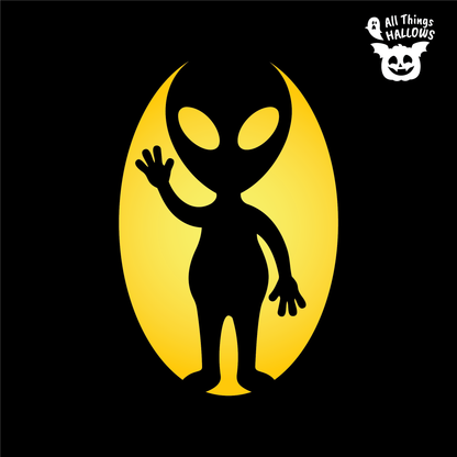 Alien Waving Pumpkin Stencil design showing a classic large-eyed extraterrestrial waving one hand against a glowing oval background.