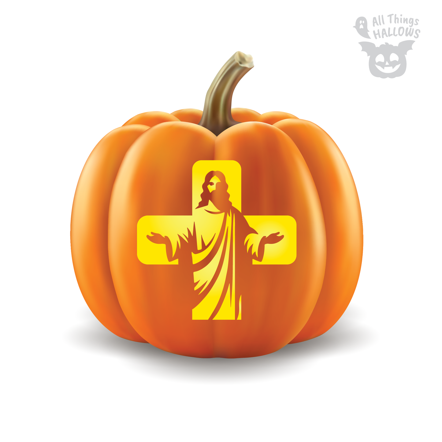 Easy Jesus Pumpkin Stencil carved into an orange pumpkin with Jesus standing inside a glowing Christian cross design.