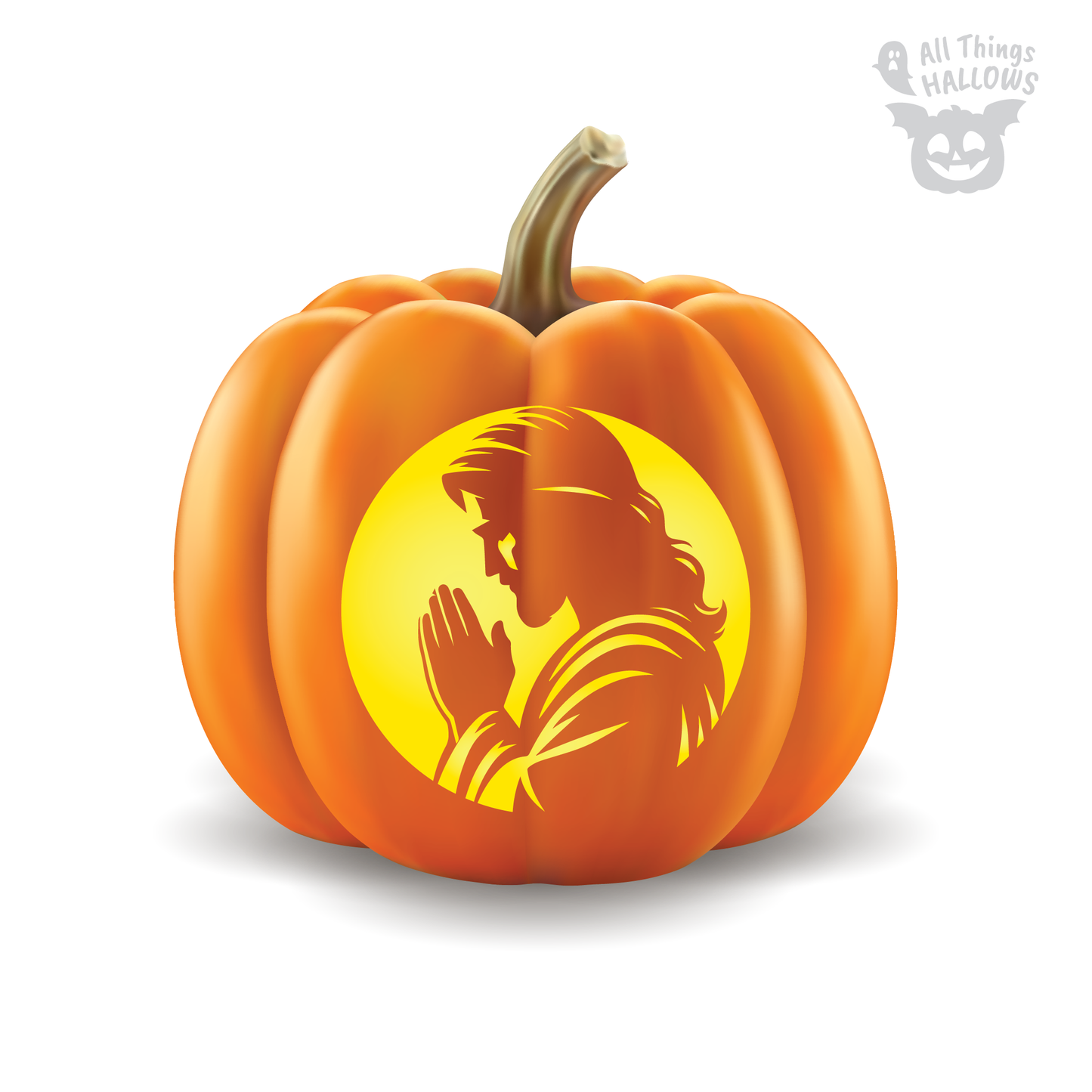 Jesus praying pumpkin carving design featuring a detailed side-profile silhouette surrounded by a glowing circular background.