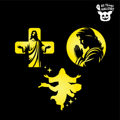Collection of three Jesus pumpkin stencil designs featuring Jesus with a cross, Jesus praying and Jesus with open arms.