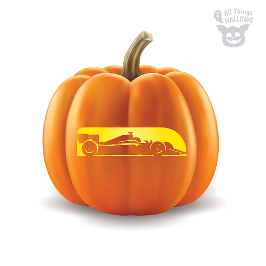 Pumpkin carved with a sleek Formula style F1 race car stencil, creating a unique motorsport inspired Halloween jack o' lantern.