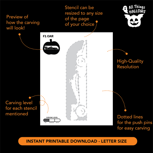 F1 Car printable pumpkin carving stencil featuring a high resolution template, dotted transfer lines, carving difficulty level, and instant digital download.