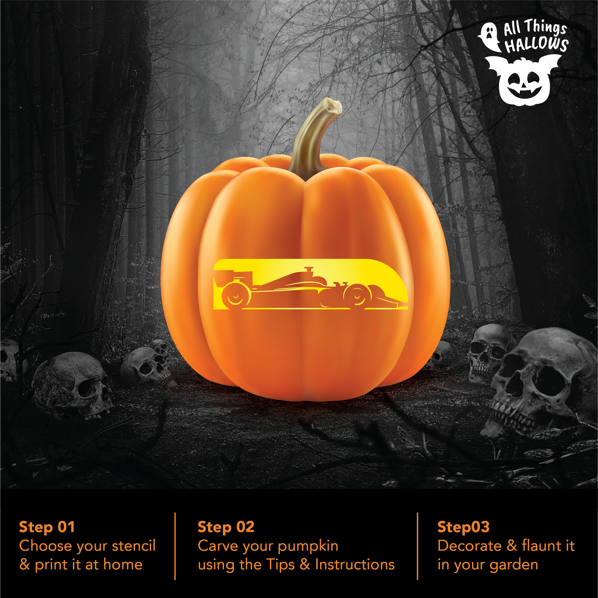 F1 Car pumpkin carving displayed in a spooky Halloween forest with simple three step instructions for printing, carving, and decorating.