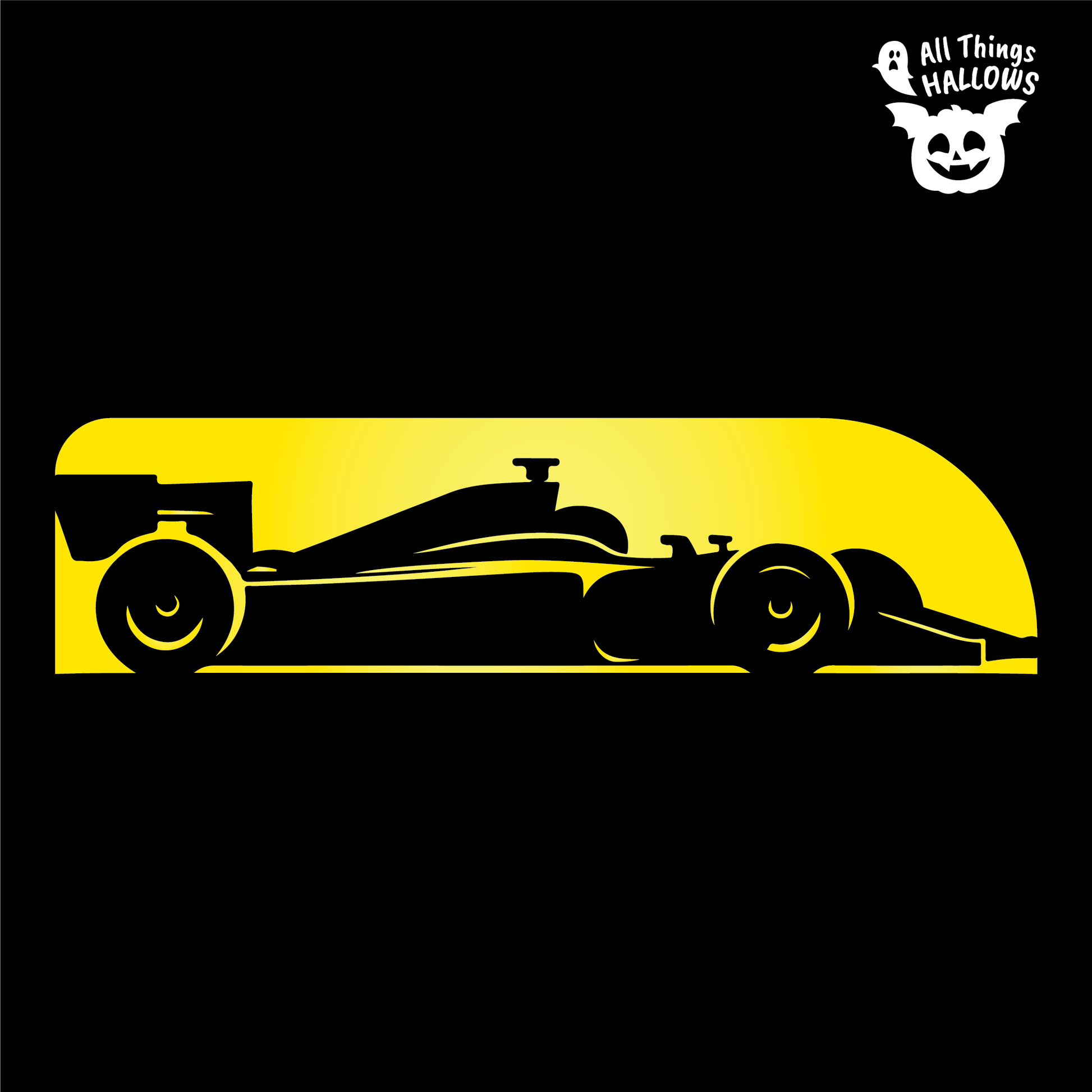 Formula style F1 race car pumpkin stencil design featuring a detailed side profile silhouette for Halloween pumpkin carving.