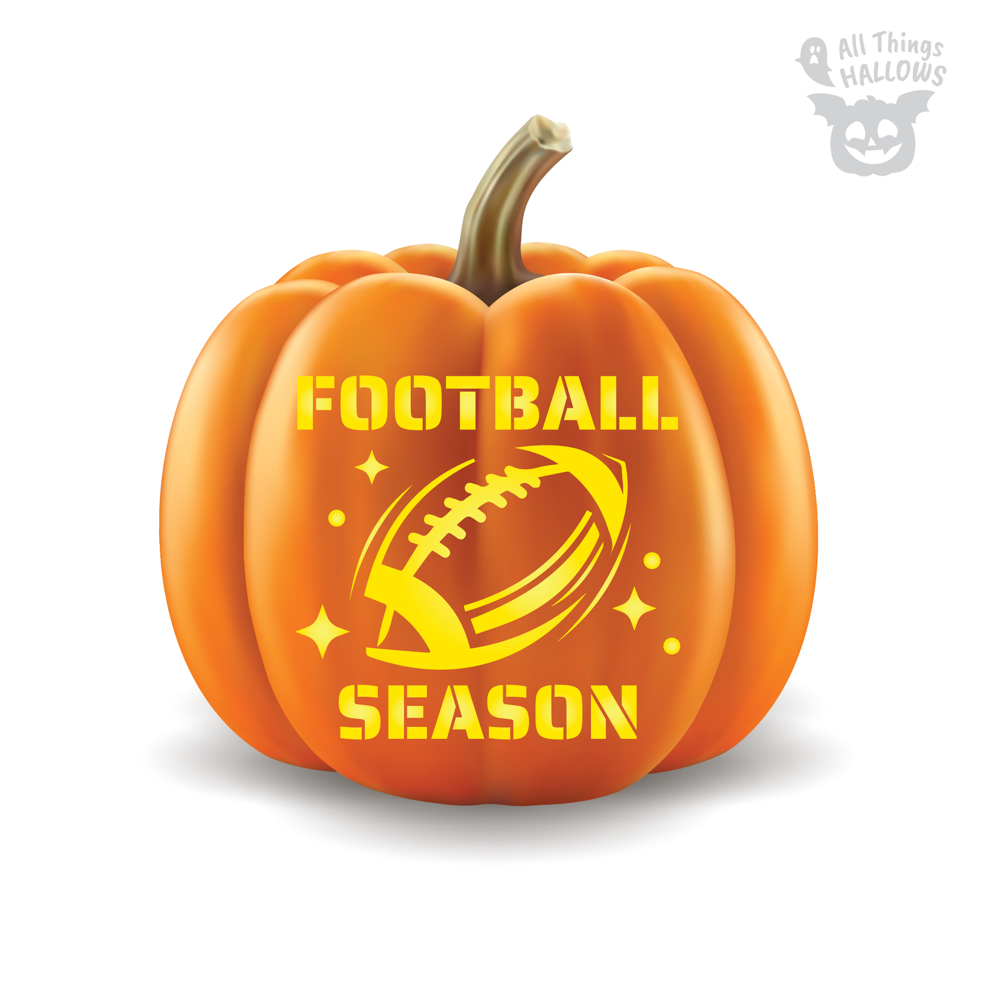 Football Season pumpkin carved with a football graphic and bold lettering, creating a sports themed Halloween jack o' lantern.
