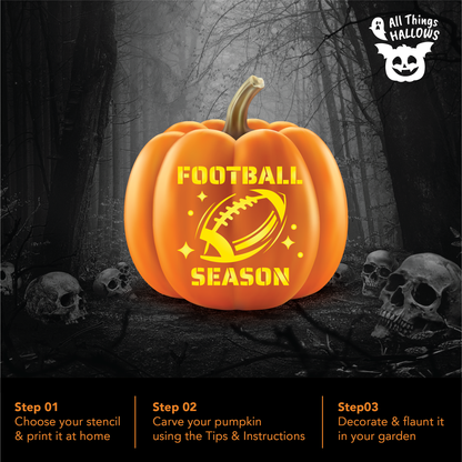 Finished Football Season pumpkin carving displayed in a spooky Halloween forest with easy three step carving instructions.