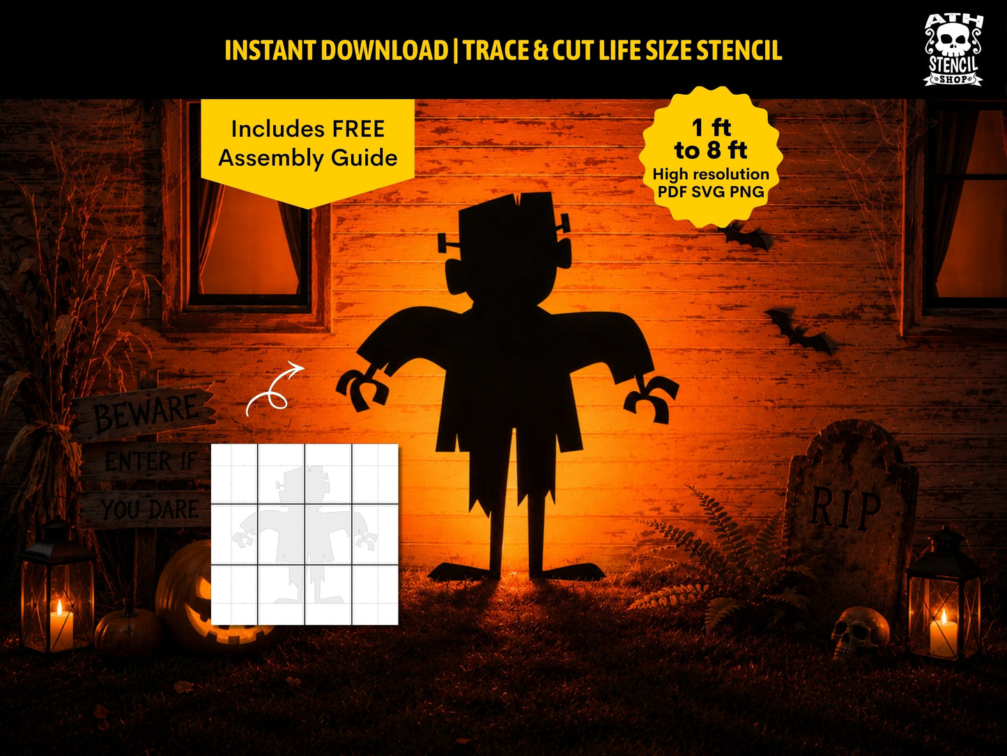Frankenstein Monster life-size yard stencil displayed in a spooky Halloween yard with instant digital download and printable template.