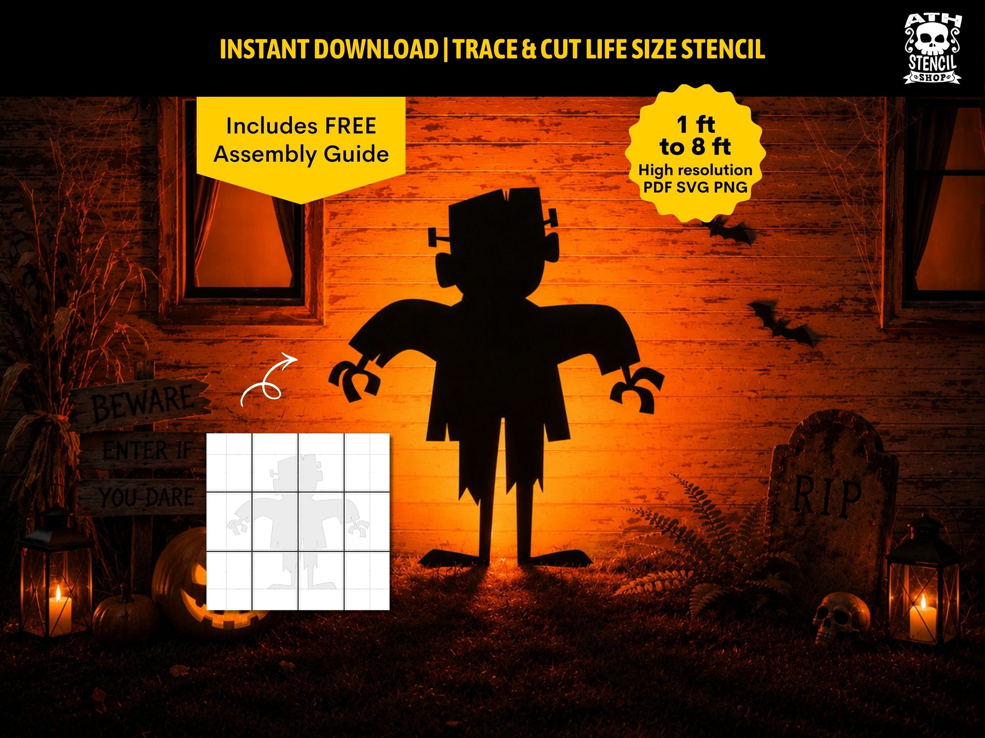 Frankenstein Monster life-size yard stencil displayed in a spooky Halloween yard with instant digital download and printable template.