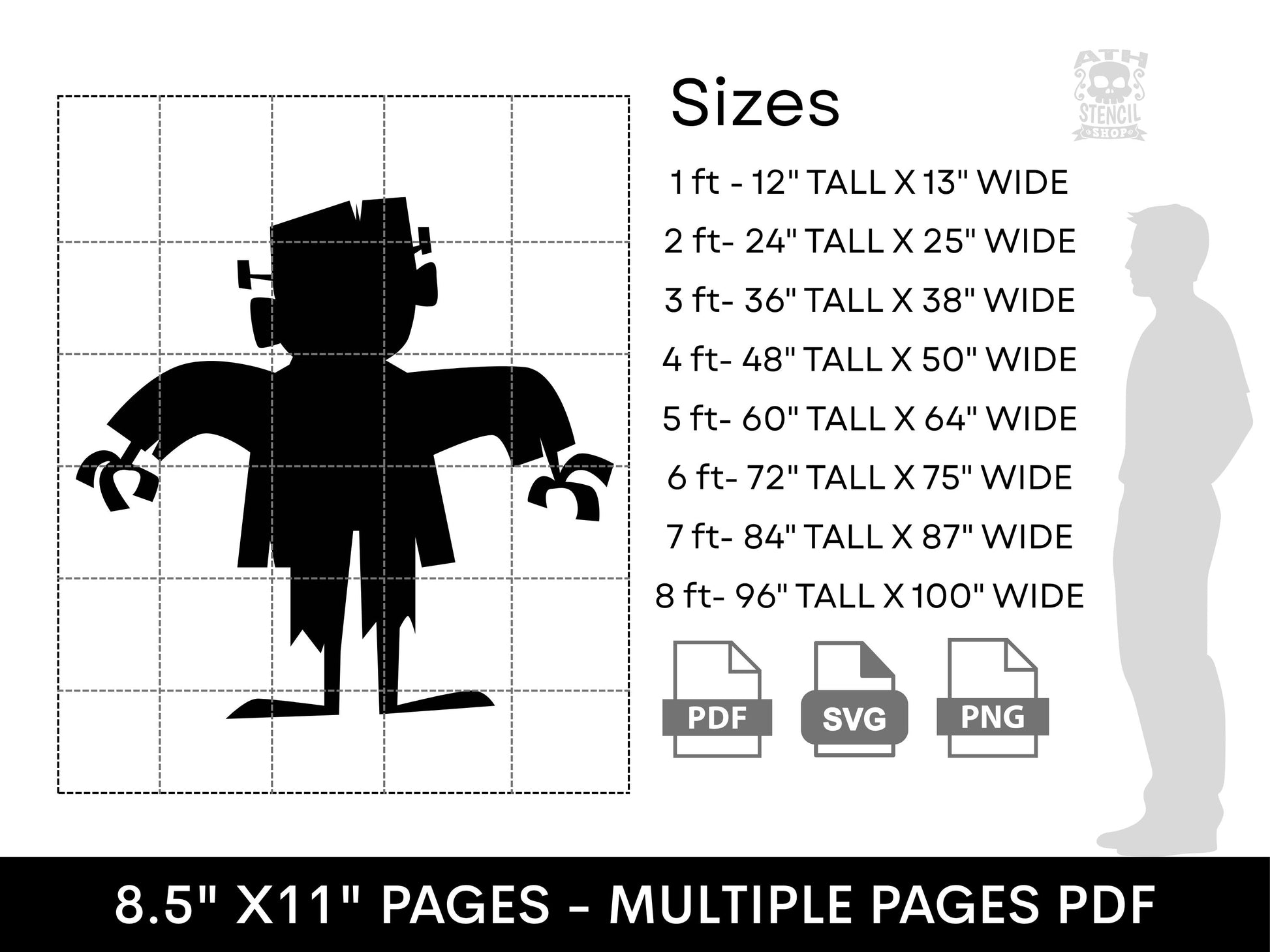Frankenstein Monster yard stencil size chart showing printable template dimensions from 1 foot to 8 feet tall in PDF, SVG, and PNG formats.